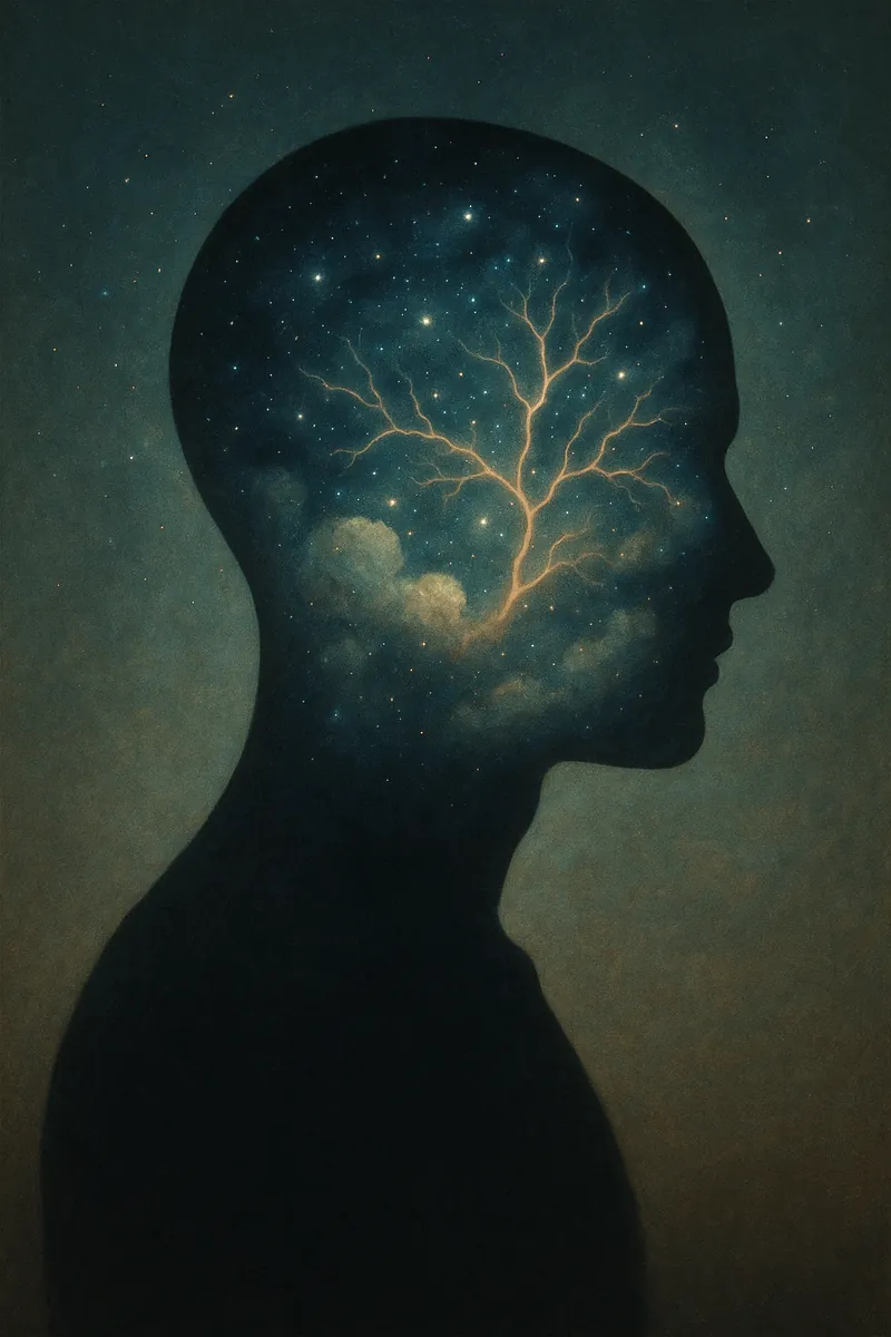 Side profile of a head filled with stars and a glowing amber neural tree